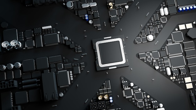 Printed circuit board with chips 3D illustration on technology and automation