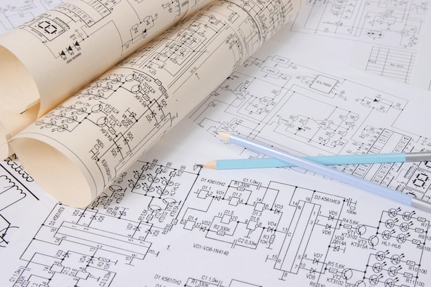 Printed drawings of electrical circuits. Science, technology and electronics.