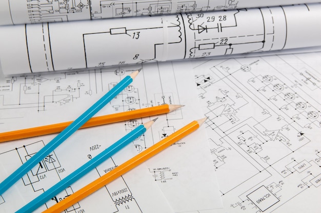 Printed drawings of electrical circuits. Science, technology and electronics.