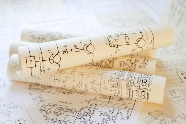 Photo printed drawings of electrical circuits. science, technology and electronics.