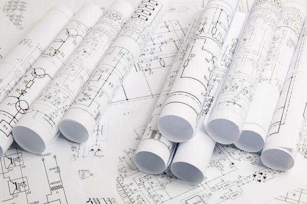 Printed engineering drawings of an electrical circuits.