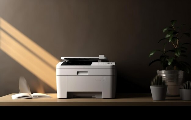 A printer with a plant in the background