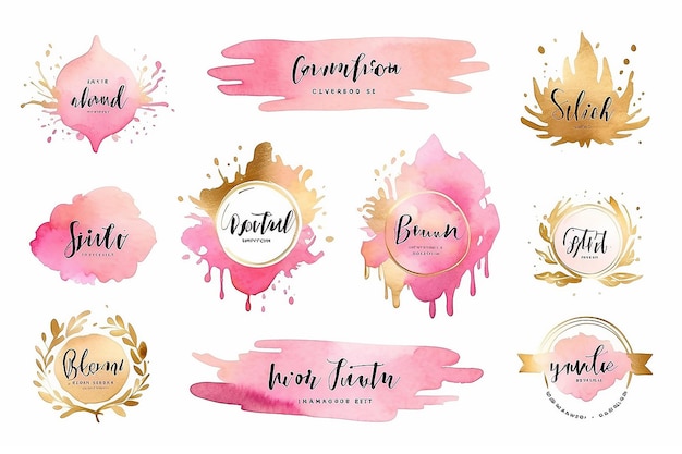 Printwatercolor splash logo branding feminine luxury logo gold design template badge pink gold brush set