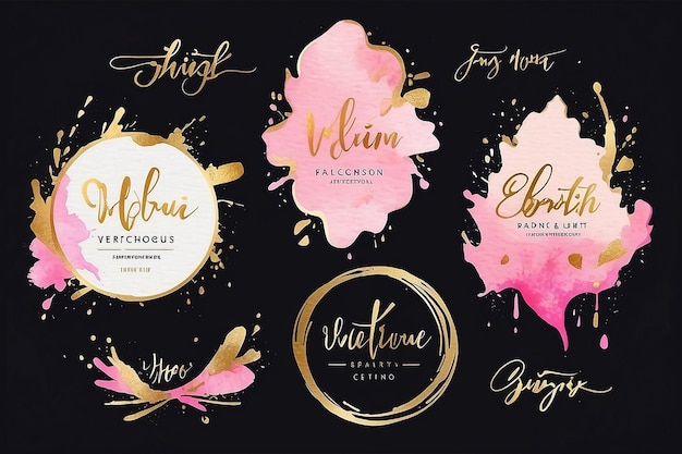 Printwatercolor splash logo branding feminine luxury logo gold design template badge pink gold brush set