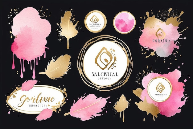 Printwatercolor splash logo branding feminine luxury logo gold design template badge pink gold brush set