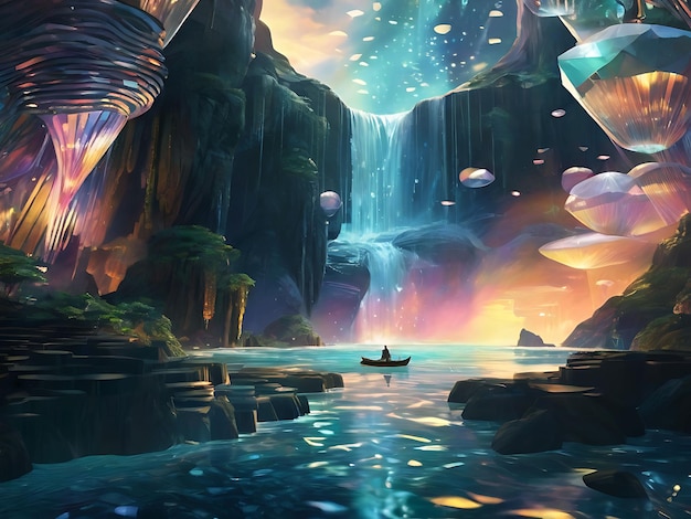 Prism Light Beams Illuminate Futuristic Cityscape with Mystical Floating Islands and Waterfalls