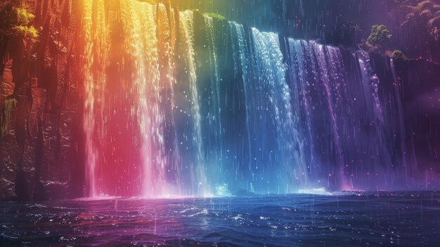 Photo prismatic waterfall a waterfall rendered in prismatic colors using light refraction to create a dynamic and colorful cascade