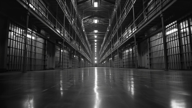 Prison corridor featuring rows of cells and barred doors lit by ceiling lights for a clean walkway