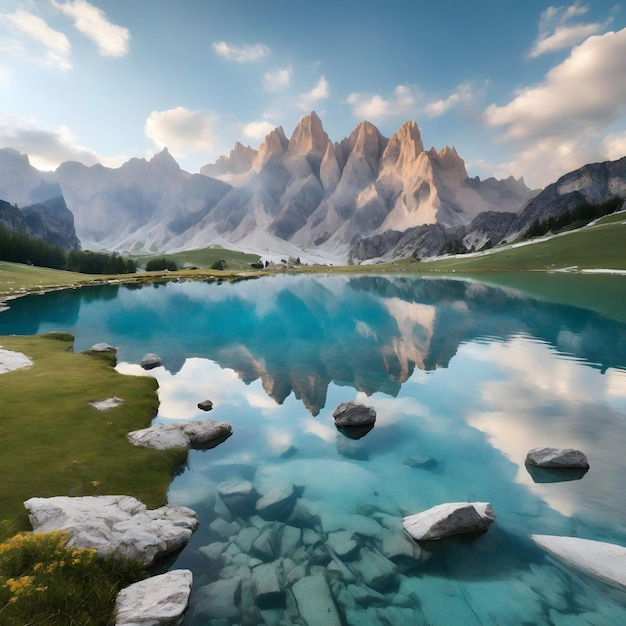 Pristine alpine lake nestled amidst the Dolomites