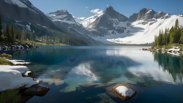 a pristine alpine lake surrounded by snowy peaks