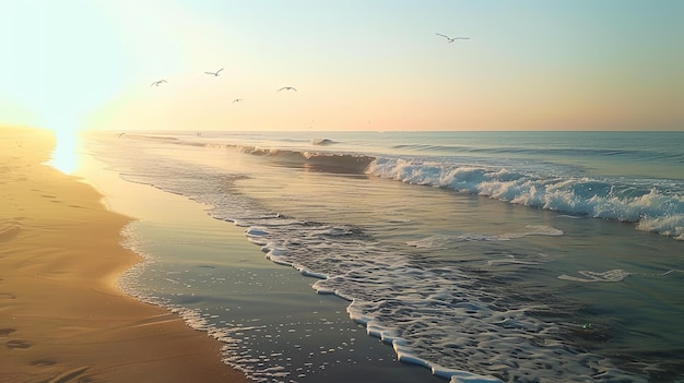 A pristine beach at sunrise with soft waves lapping against the shore and seagulls soaring in the sky embodying tranquility by the sea