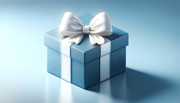 A pristine blue gift box with a glossy white bow poised on a soft blue backdrop