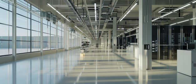 Pristine data center with rows of server racks and nobody in sight