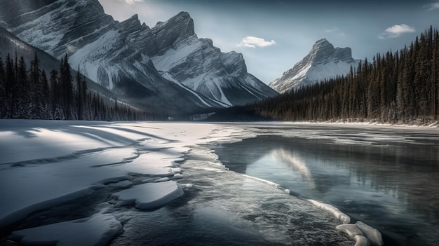 A pristine frozen lake with snow covered mountains AI generated