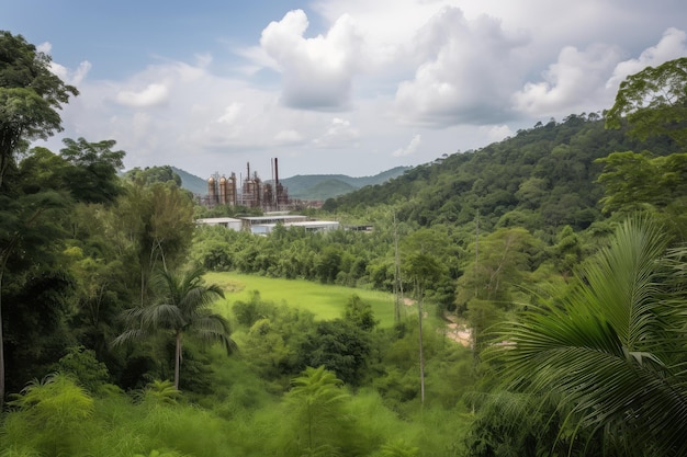 Pristine jungle with view of chemical plant in the distance created with generative ai