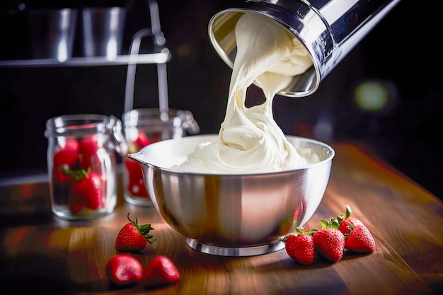 In a pristine kitchen crafting and whipping cream for a strawberry cake