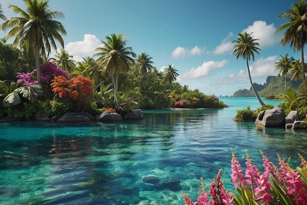 Photo a pristine lagoon surrounded by palm trees and tropic