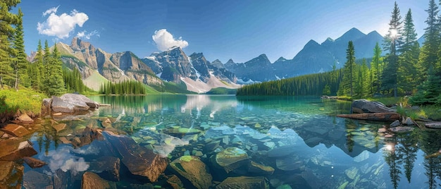 Pristine mountain lake with crystal clear water surrounded by dense forest and towering peaks reflecting the beauty of nature