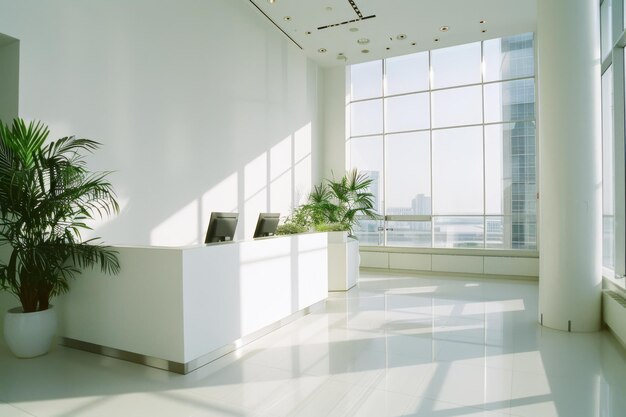 Photo a pristine office lobby with white interiors and abundant natural light streaming through large windows offering a serene and professional ambiance