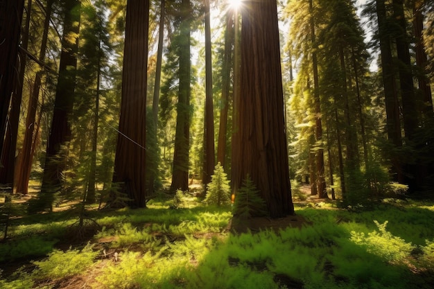 Pristine sequoia forest with patches of sunlight shining through the trees