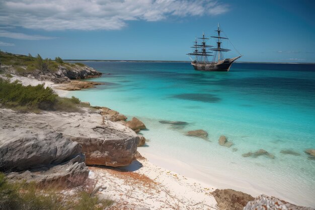 Pristine shoreline with pirate ship anchored in the distance