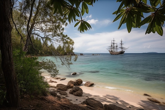 Pristine shoreline with pirate ship anchored in the distance