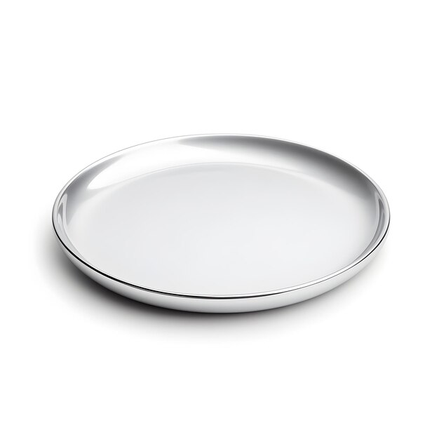 Photo pristine silver plate on seamless white background minimalist tableware macro photography