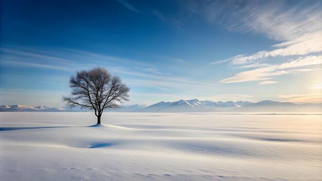 Pristine Snowy Tundra with Lone SnowCovered Tree and Distant Mountains