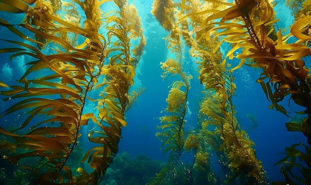 Photo a pristine underwater landscape with towering kelp forests swaying gently with the ocean currents against a backdrop of deep blue water