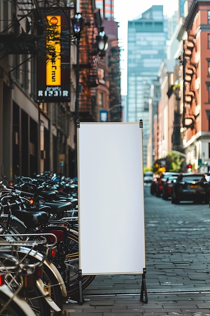 Pristine white banner stand stands out amidst a row of parked bicycles on a city street