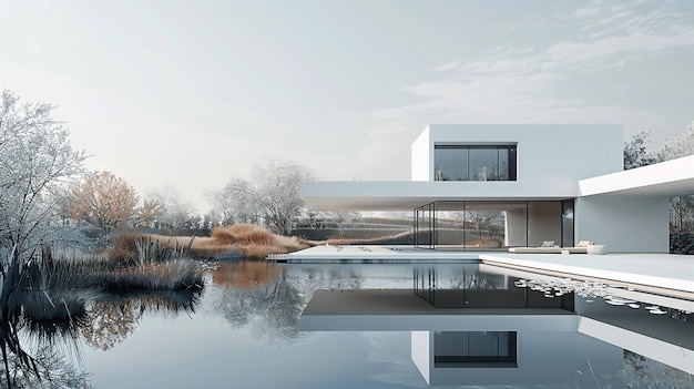 A pristine white house overlooking a tranquil lake its minimalist design complementing the serene beauty of the waterfront setting