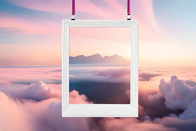 A pristine white Polaroid frame suspended in midair surrounded by a surreal dreamscape