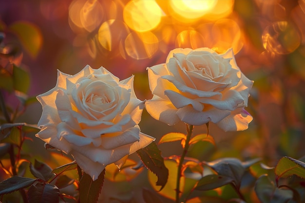 Pristine White Roses Bathed In Gold