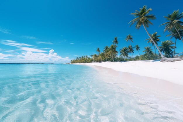 Pristine White Sandy Beach Lined with Palm Trees Generative AI