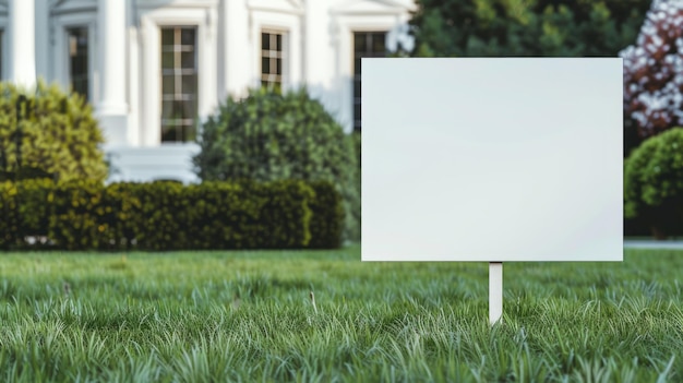 Photo a pristine white sign stands tall in a lush green lawn ready for its message to be displayed the backdrop is blurred hinting at a grand white building