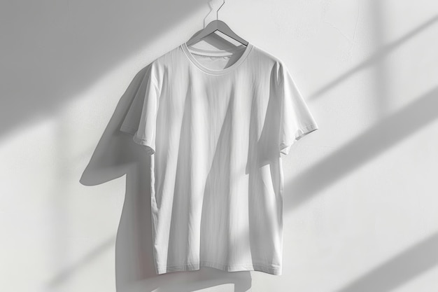 Photo a pristine white tshirt hangs against a white wall presenting a clean and minimalist aesthetics