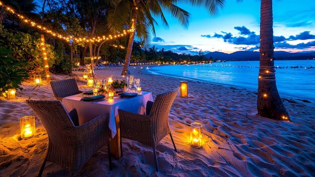 Private beach dinner setup at a resort with candles and soft lighting