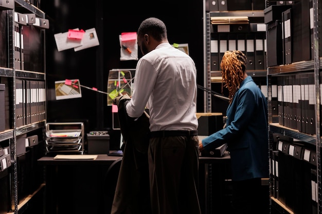 Private investigation agency office secretary searching case file for detective. African american woman assistant helping police investigator researching crime reports at night time