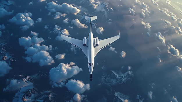 A private jet flies over snowcapped mountains and clouds