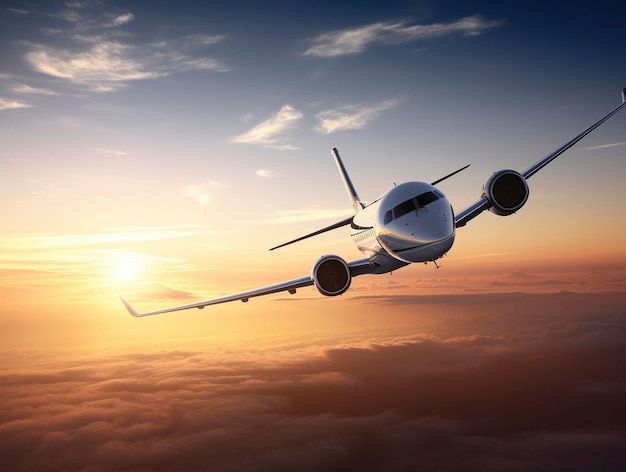 Private jet flying in dark blue sky at sunset