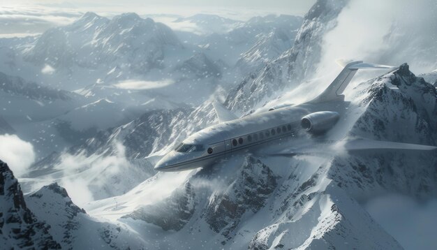 Photo private jet flying over snowy mountain range during a cloudy winter day