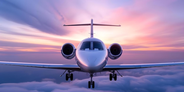 Private jet soaring above fluffy clouds during golden hour a majestic view Concept Golden Hour Photography Aviation Cloudscape Beauty Majestic Views Private Jet Experience