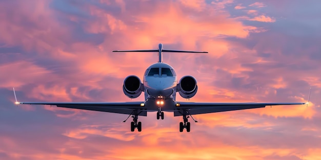 Private jet soaring through sunsetlit sky with fluffy clouds Concept Air Travel Sunset Views Private Jets Fluffy Clouds