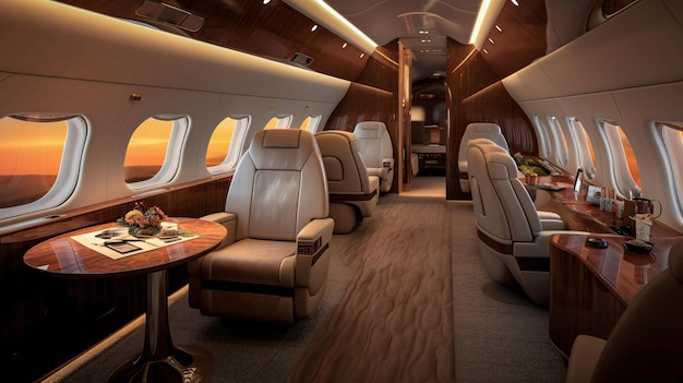 A private jet with a table and chairs in the back