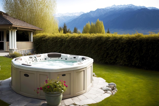 Private outdoor hot tub surrounded by garden and mountains