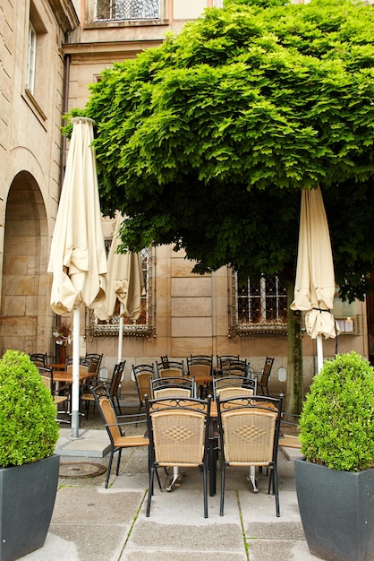 Private restaurant site in the center of the city Tables are placed under wellmaintained trimmed trees