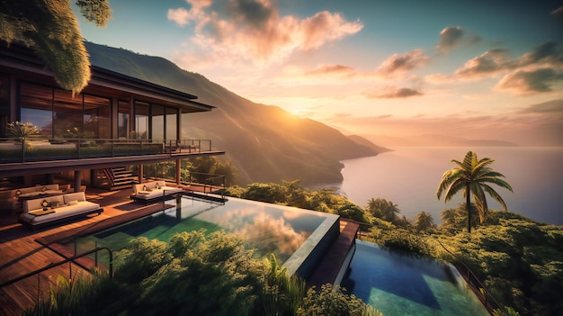 A private villa nestled in the mountains with a stunning ocean view showcasing the perfect blend of natural beauty and luxury