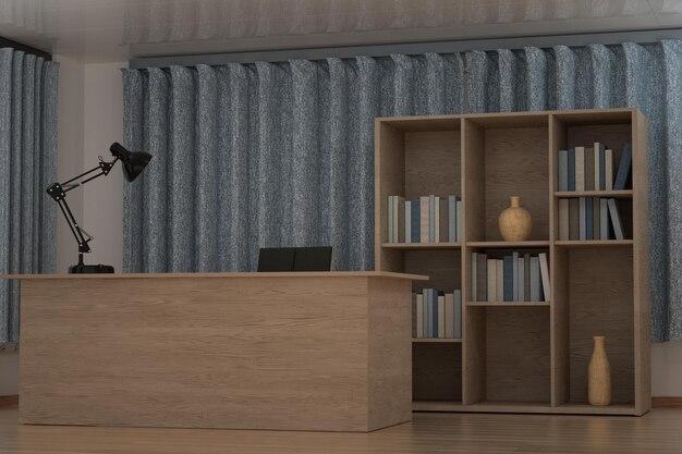 Private work place with wooden desk and decorative lamp 3d rendering