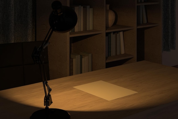 Private work place with wooden desk at night 3d rendering