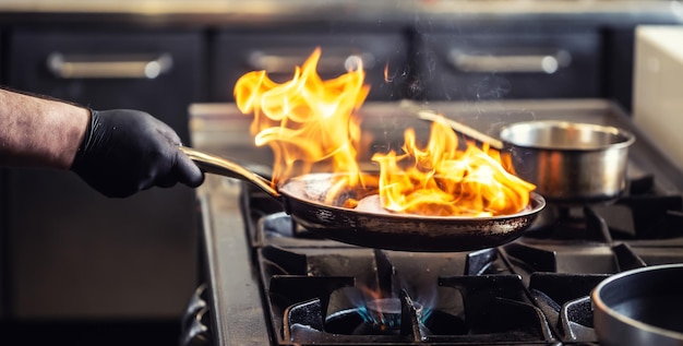 Pro chef flambeing in the kitchen in a pan on a gasfired stove